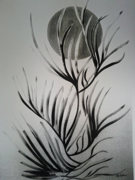 Painting of full moon peaking through winter branches