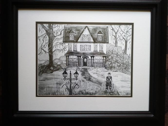 Framed artwork of a person standing by a hillside manor in the forest (black and white)