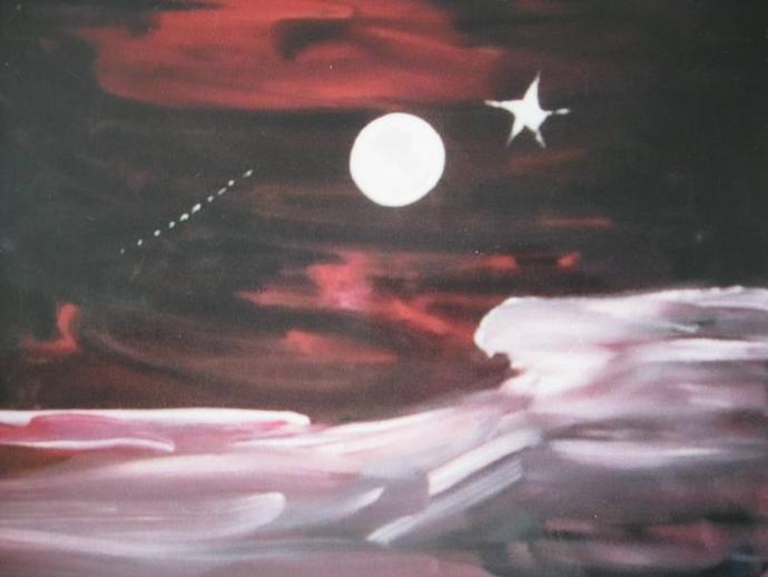 Painting of a bright white moon and stars in a dark red night sky