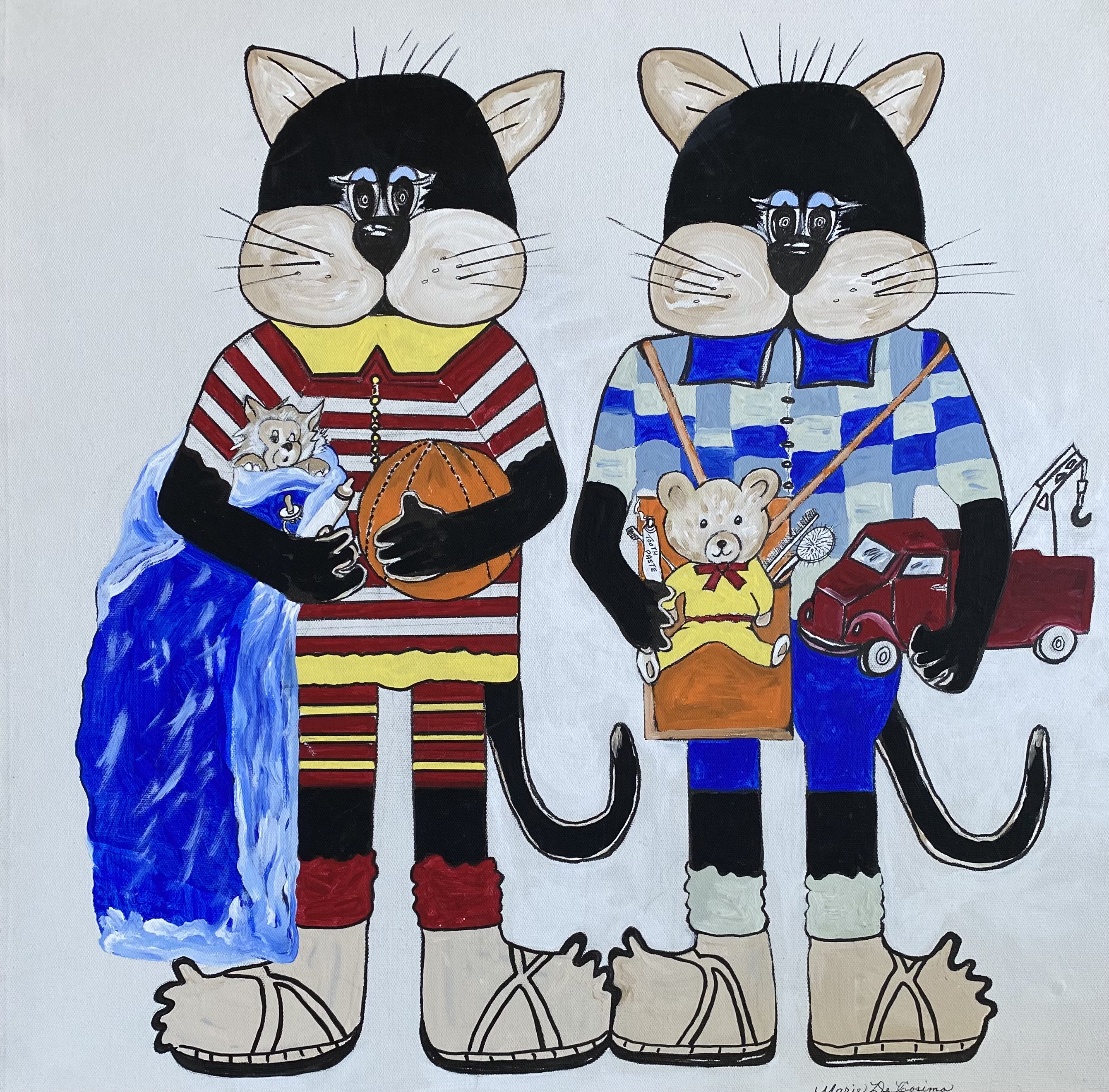 Painting of two boy cats holding toys and blankets