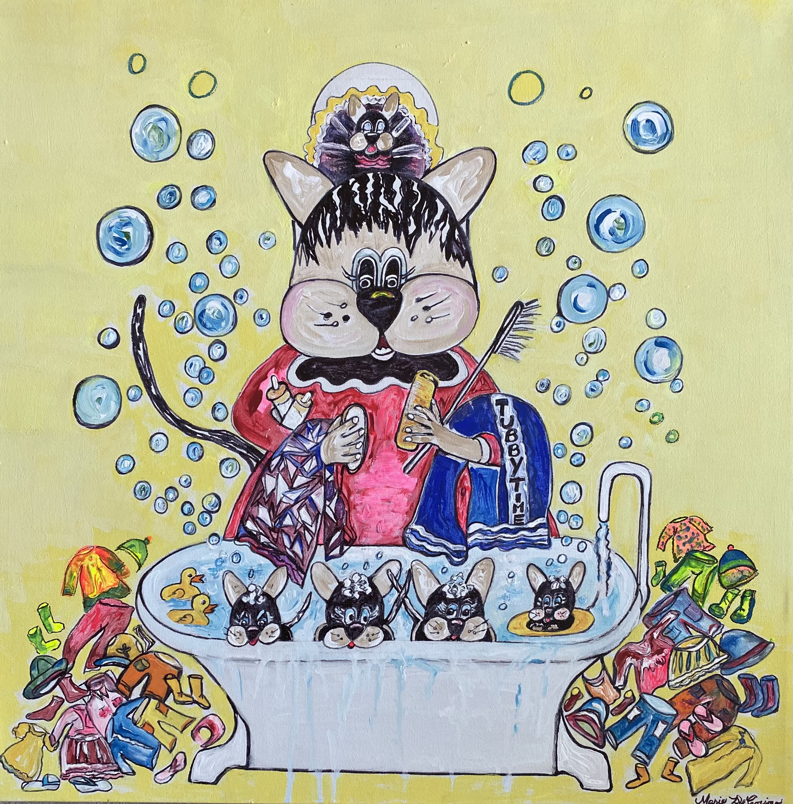 Painting of a mother cat bathing her kittens in a bubble bath