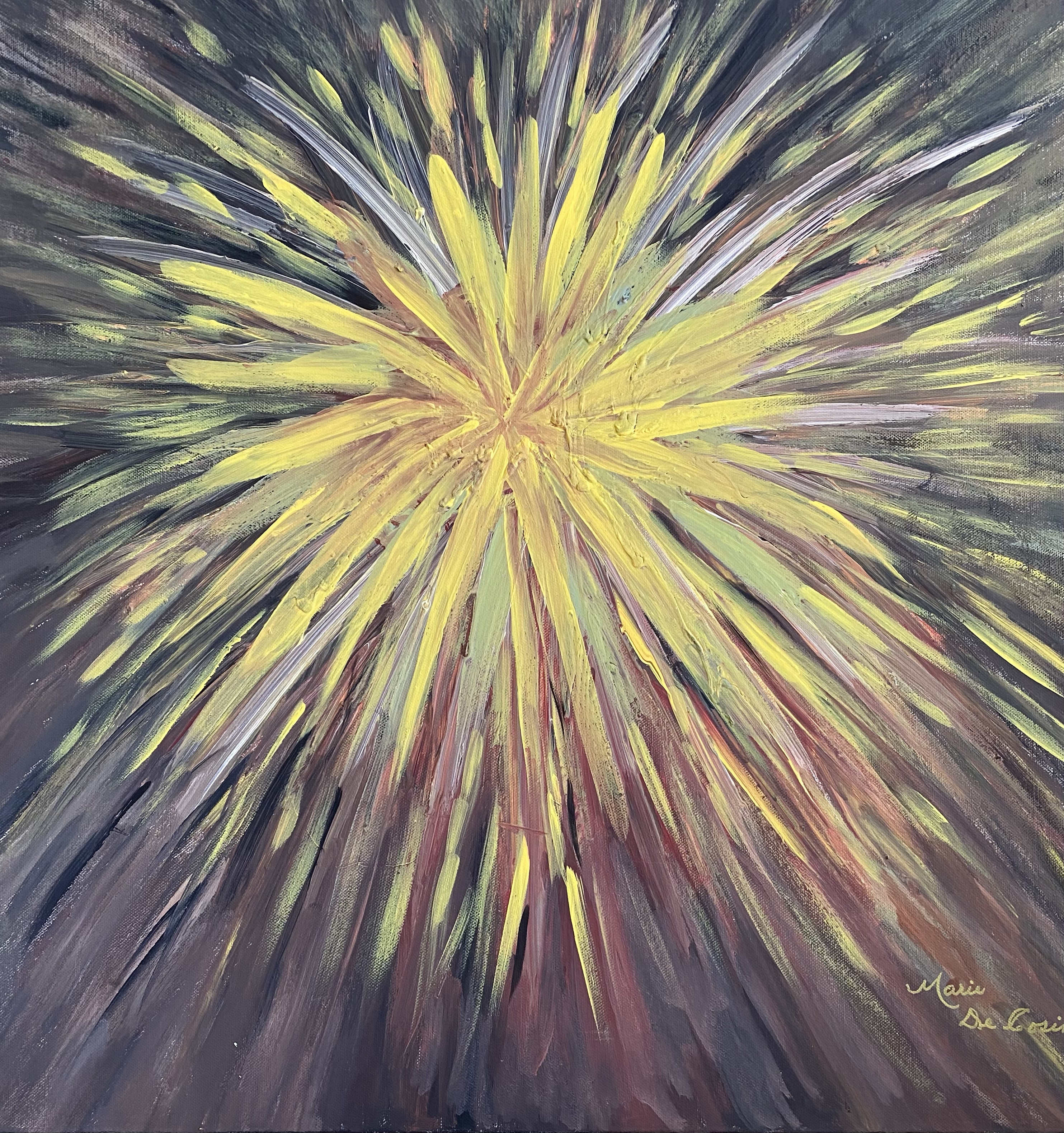 Painting of sun burst with shades of yellow, blue and burgundy