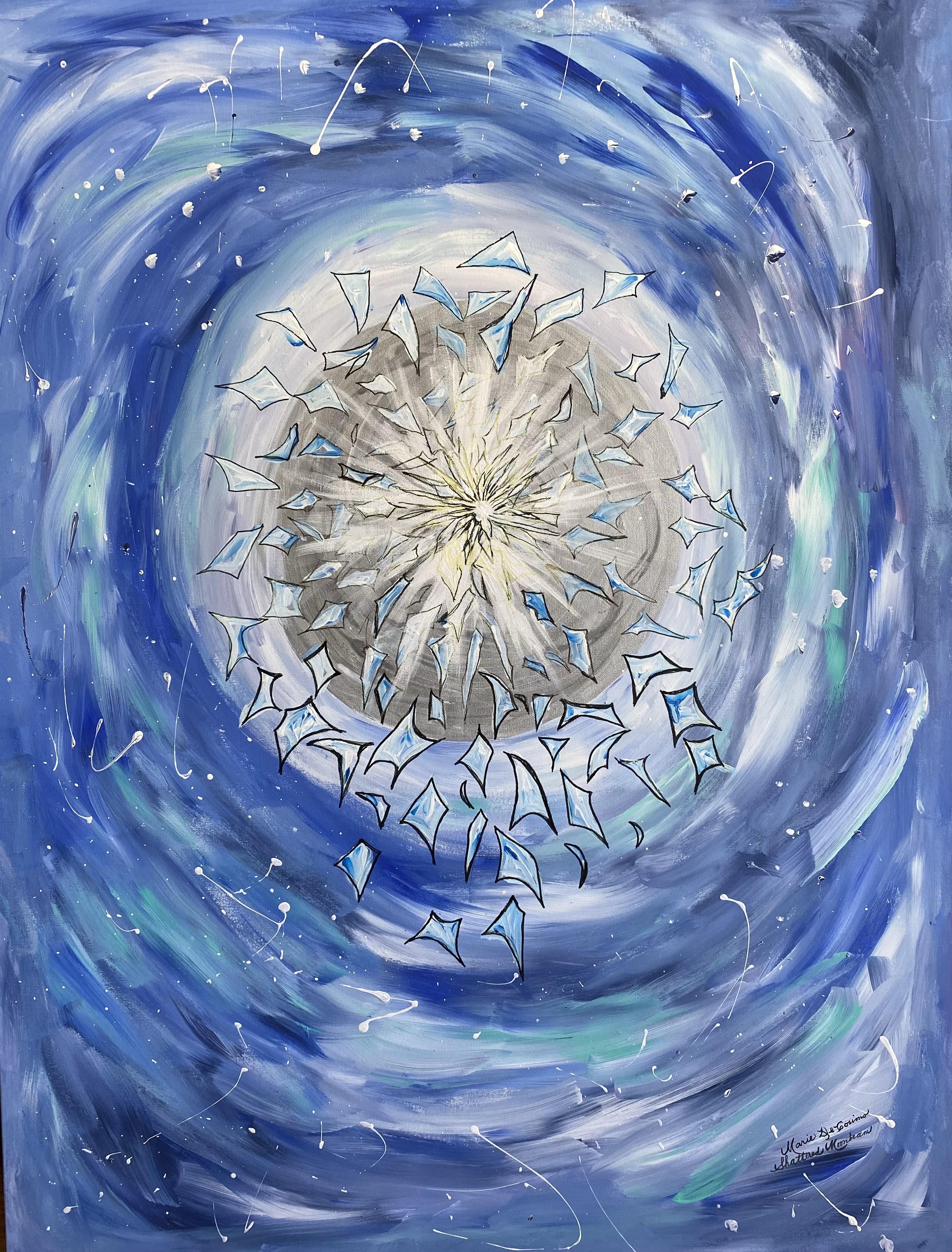 Painting of the moon shattering into glass in a swirl of blue skies