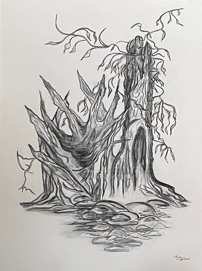 Charcoal art of driftwood by the waters edge
