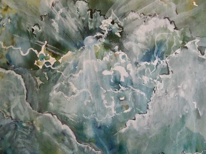 Watercolour painting of angel in the clouds