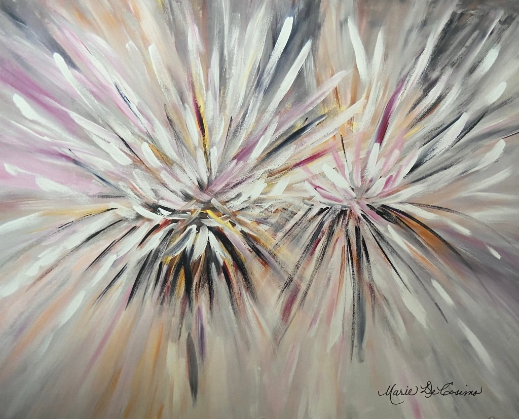 Painting of two flowers blooming in shades of pastel
