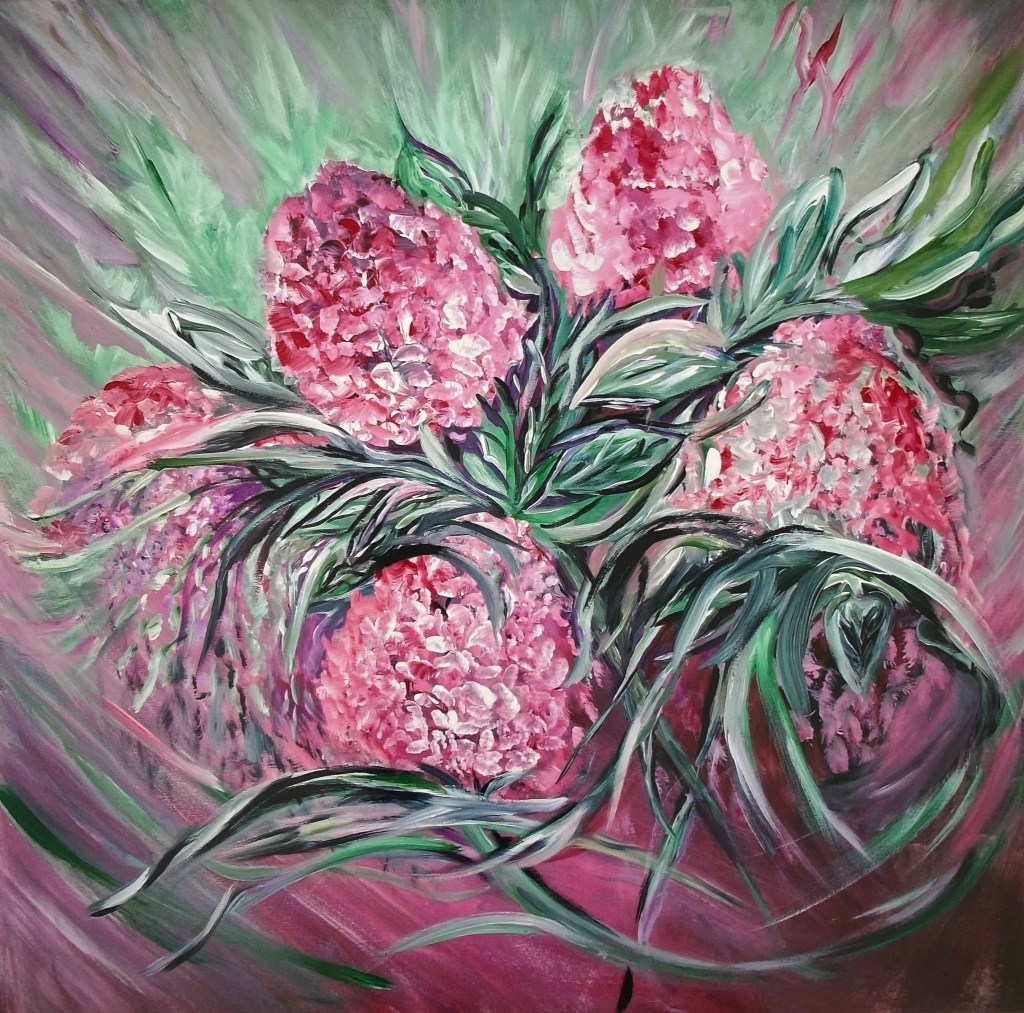 Painting of a pink and red hydrangea plant with green leaves