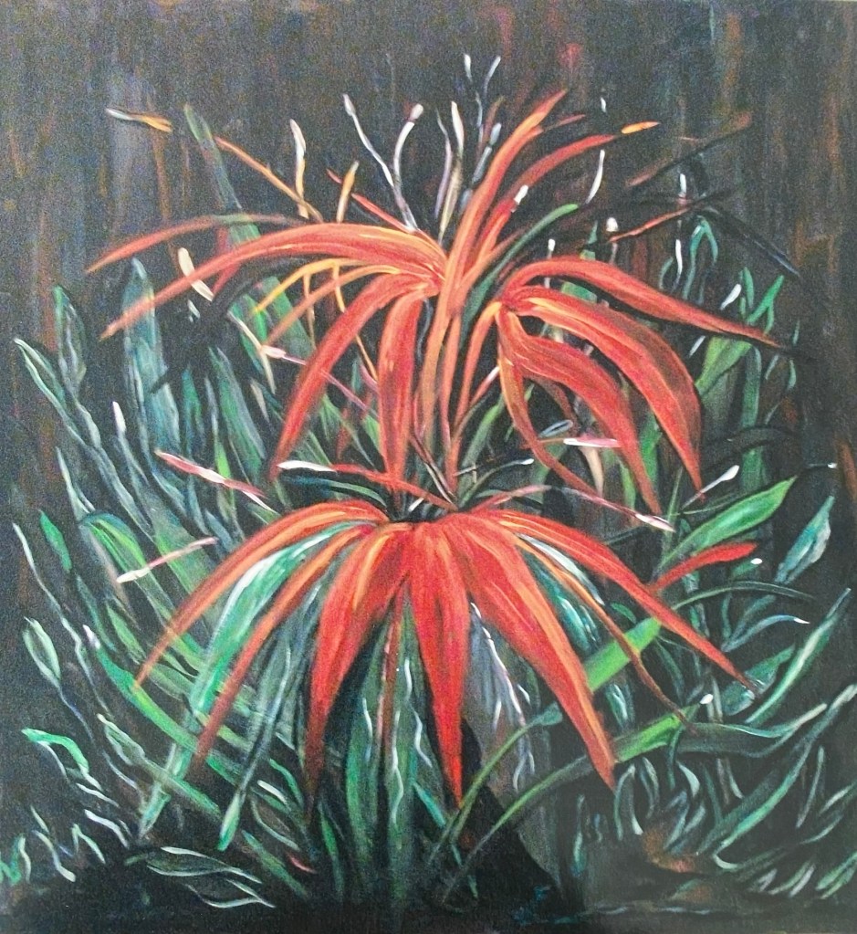 Painting of two red lilies in the dark of night