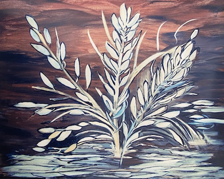 Painting of a plant branching out with sunset