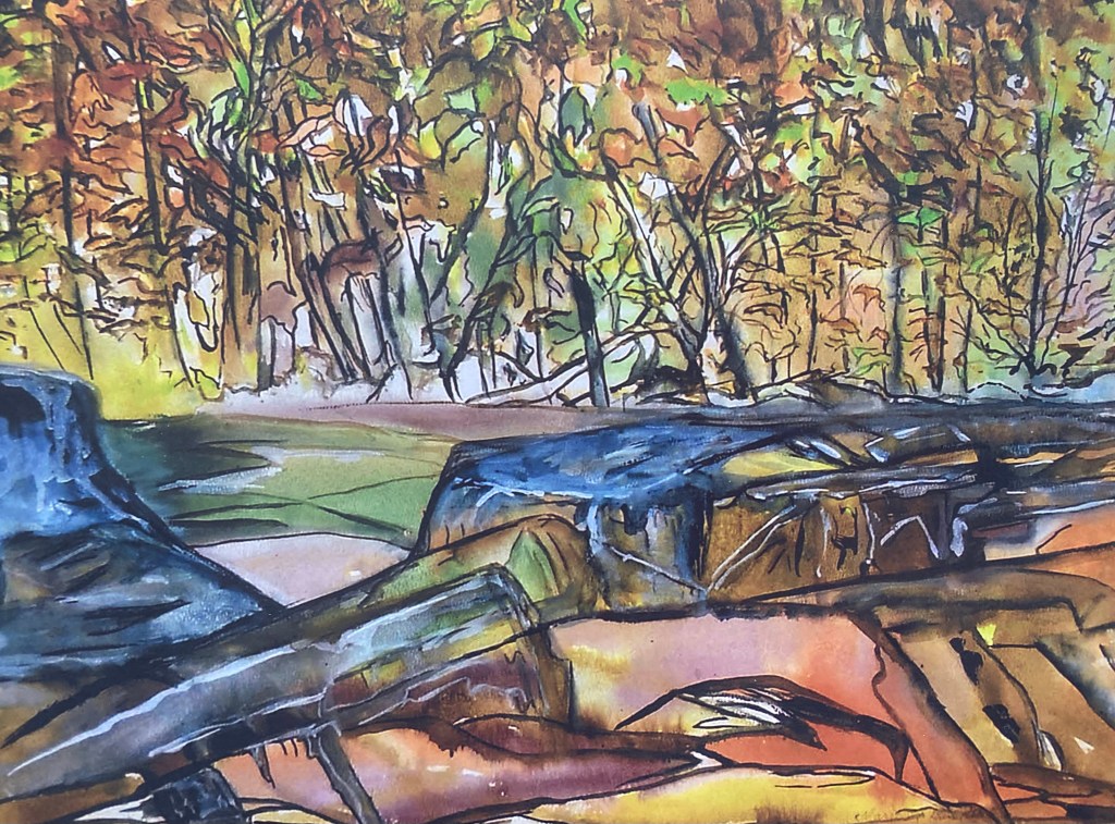 Watercolour painting of fall landscape with rocks and trees