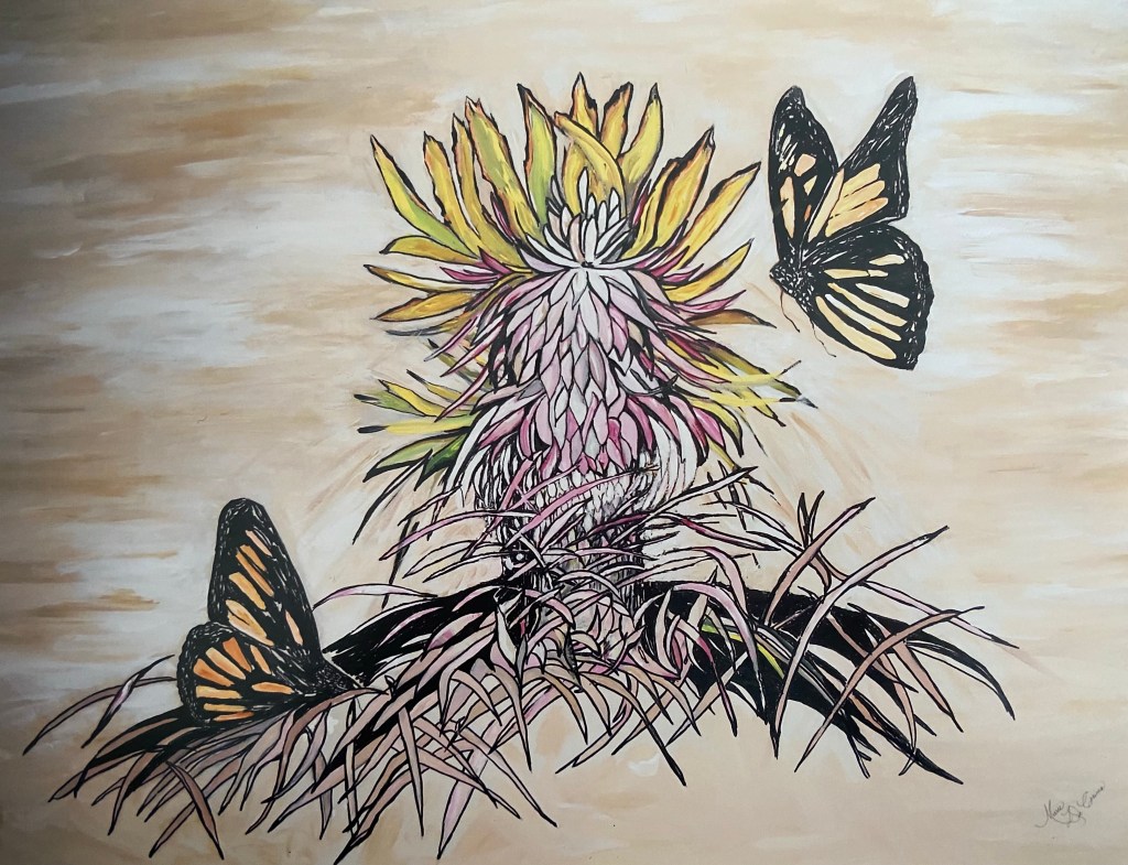 Painting of two butterflies landing on a blossoming plant