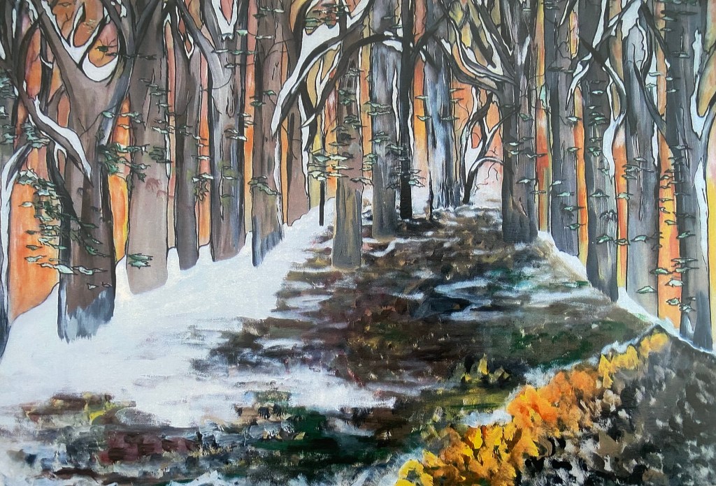 Painting of fall colours mixed with the first snowfall