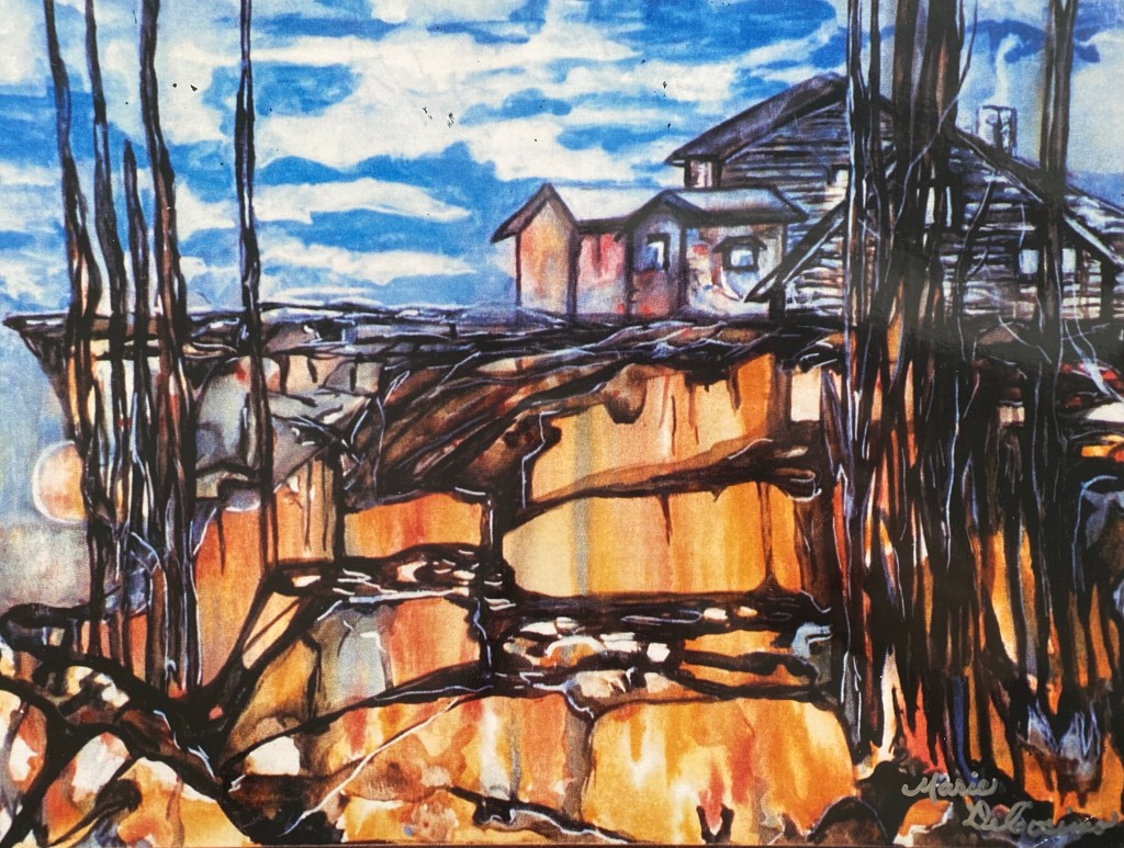 Watercolour painting of house overlooking orange cliffs and tall trees