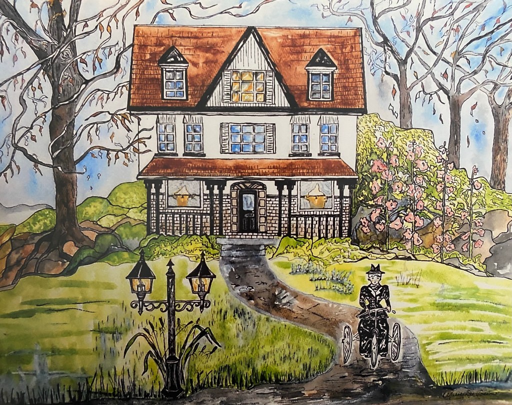 Watercolour painting of a man standing near a light post in front of a hillside manor