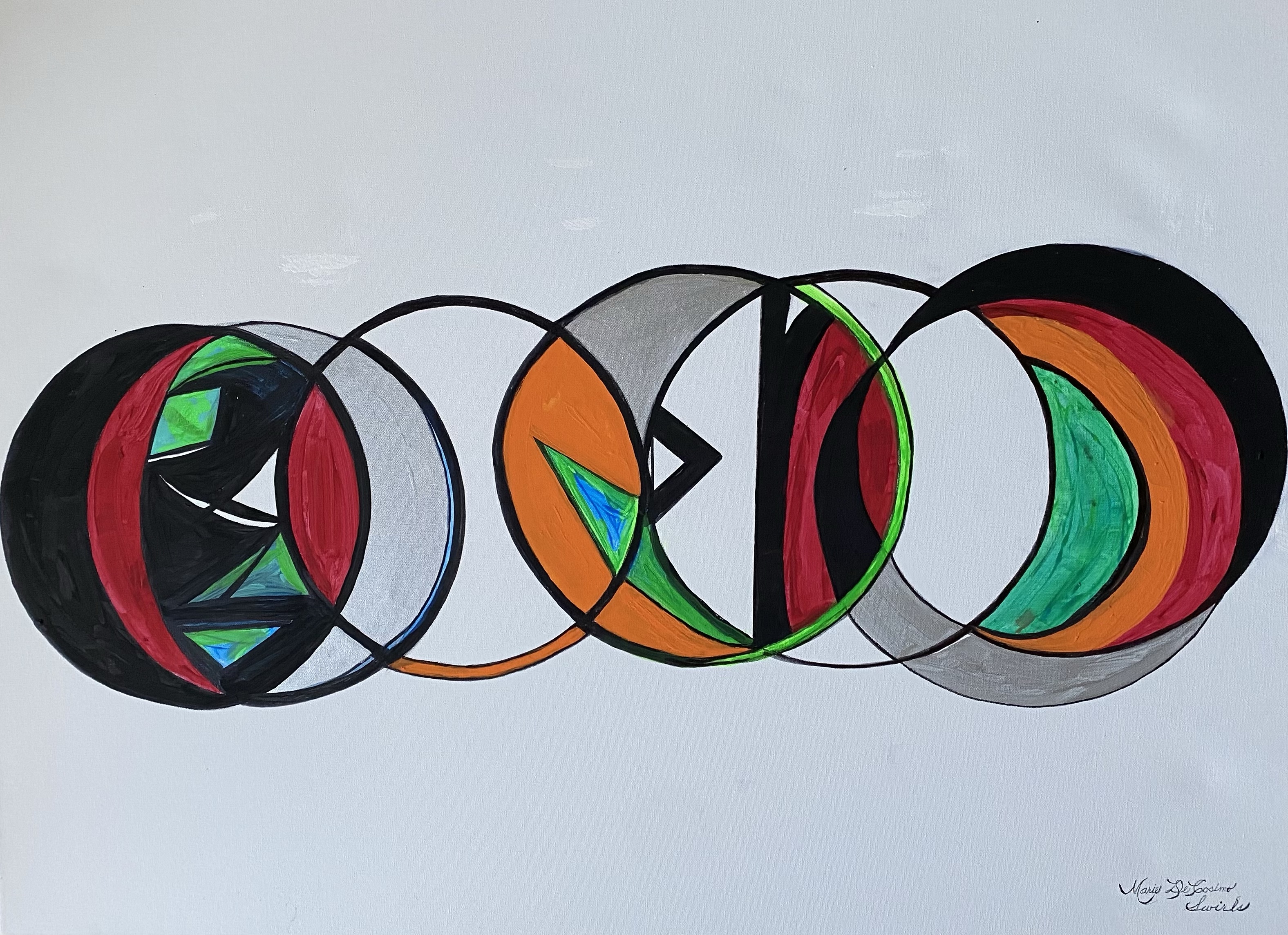 Painting of circles joined together in rings of colour