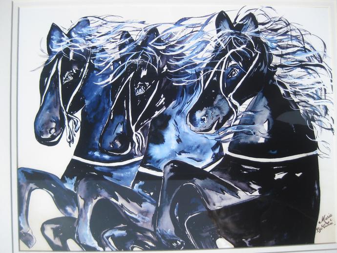 Watercolour painting of three black stallion horses