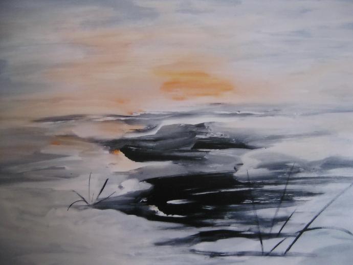 Painting of an orange sunset over a dark lagoon surrounded by snow