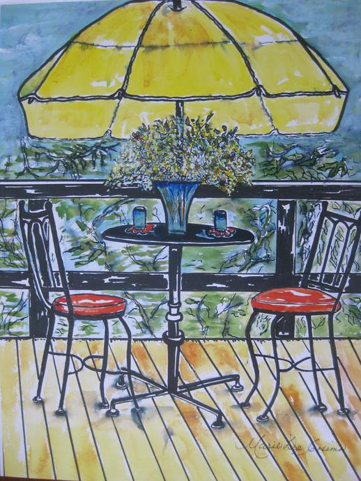 Watercolour painting of two-person patio table under an umbrella on a sunny day