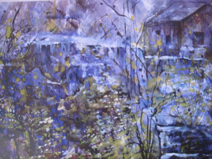 Watercolour painting of purple landscape with barn, cliffs and greenery