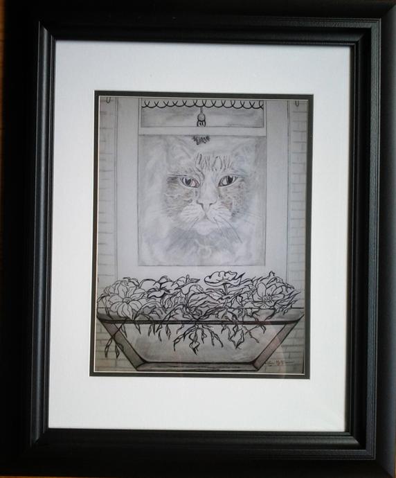 Framed artwork of a cat looking out of a window by a basket of flowers