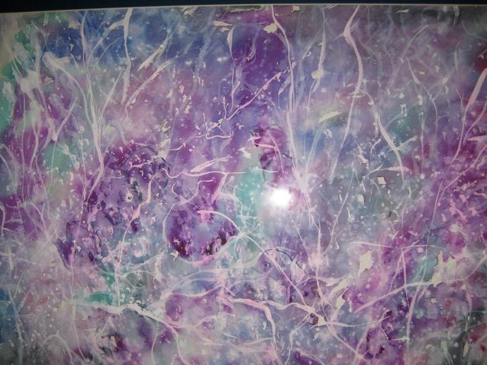 Watercolour painting of beautiful explosion of purples, pinks, blues and white