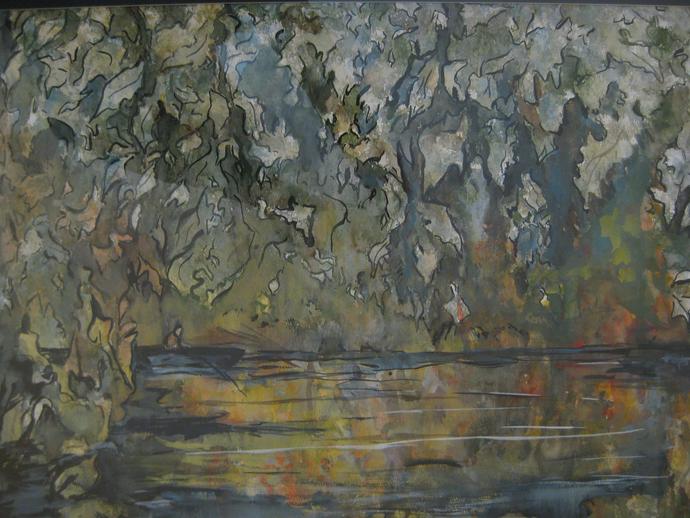 Watercolour painting of a man fishing in a lake surrounded by greenery