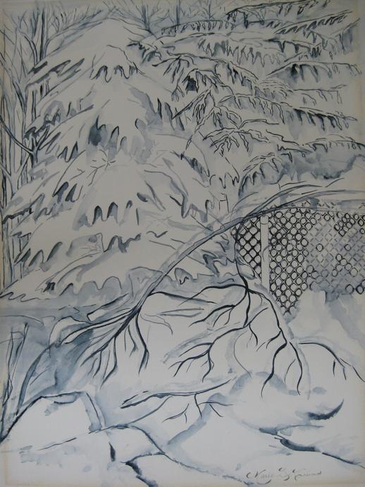 Watercolour painting of winter landscape with evergreen trees covered in snow