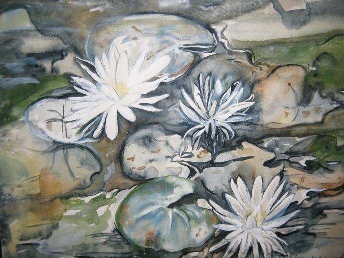 Watercolour painting of lily pads in a pond