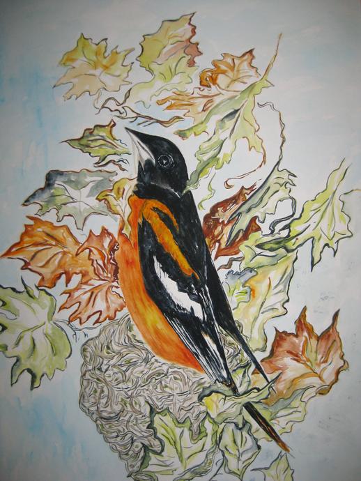 Watercolour painting of Baltimore oriole bird standing in a pile of fall leaves