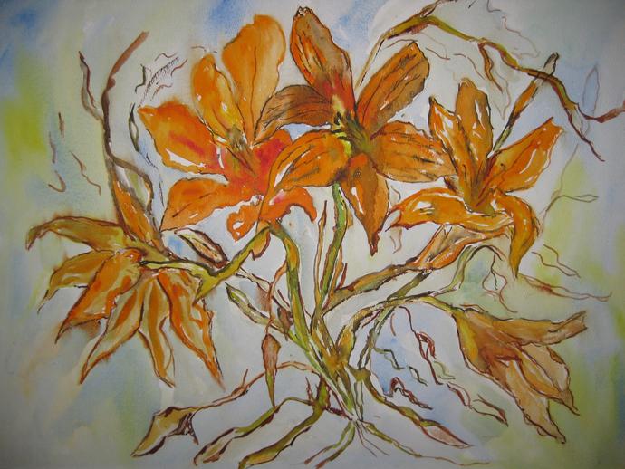 Watercolour painting of orange lilies