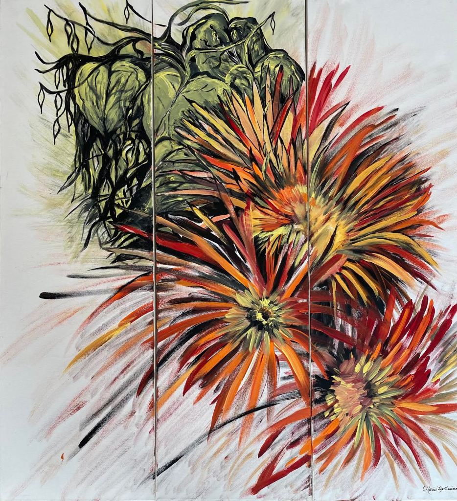 Three-panel panting of flowers with orange, yellow, red and black petals