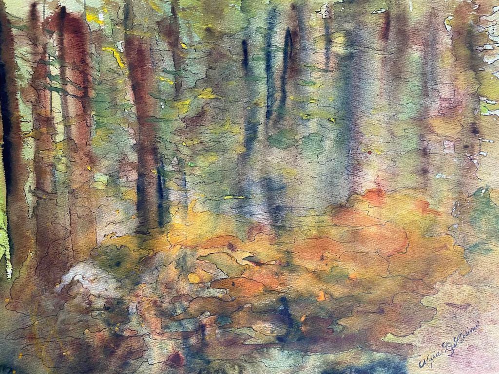 Watercolour painting of a fall forest