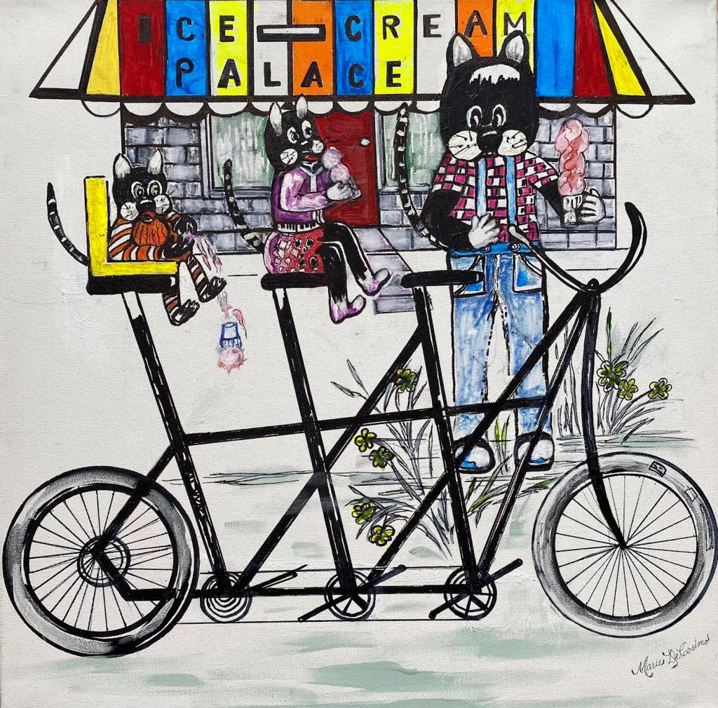 Father cat treating his two kitten children to ice cream at the ice cream palace